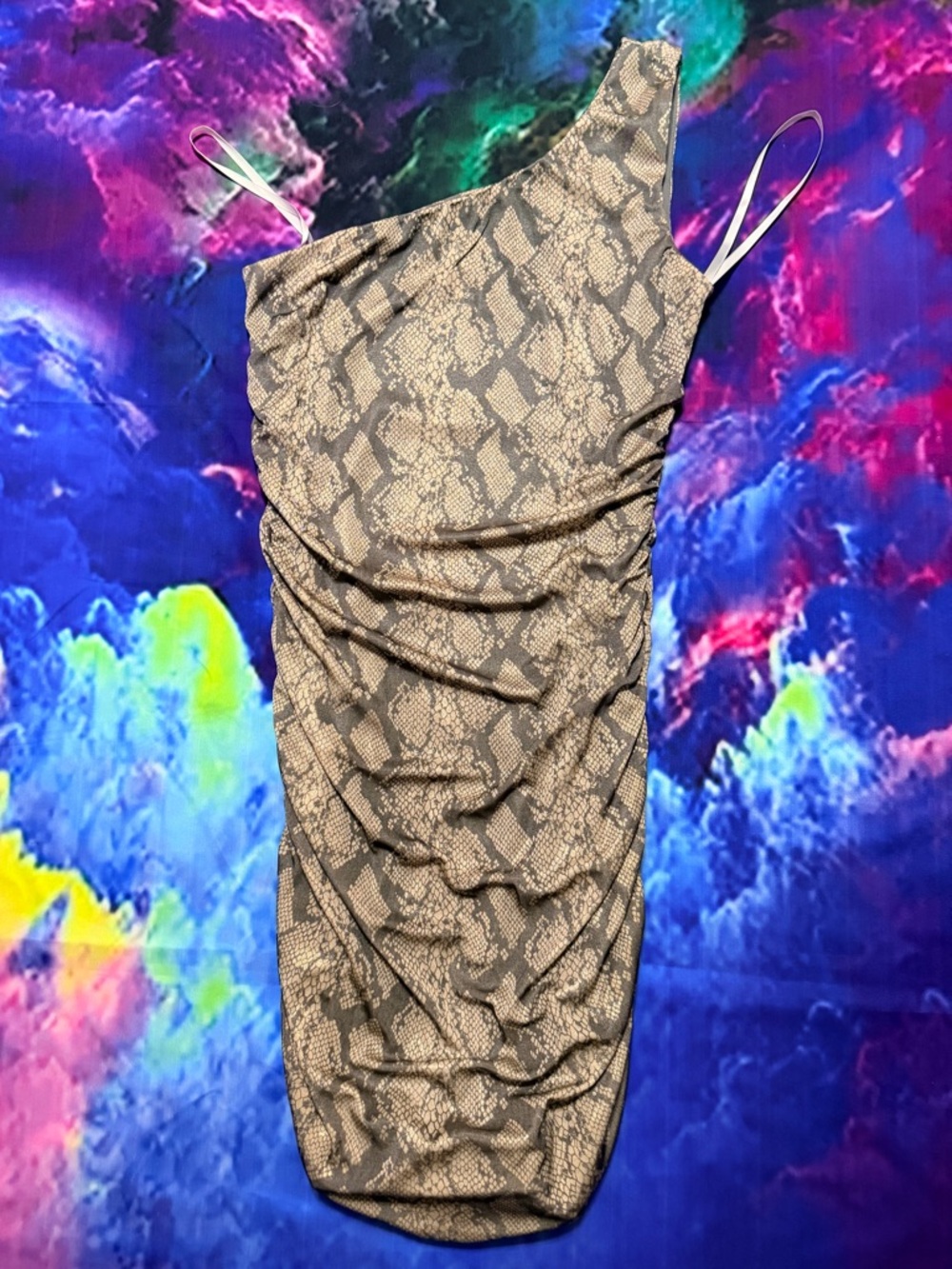 One-Shoulder Snake-Print Dress in Gray